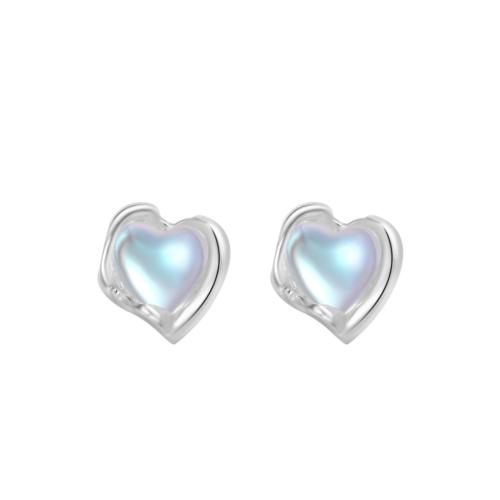 925 Sterling Silver Stud Earrings, with Moonstone, Heart, for woman, silver color, 5.50x5.50mm, Sold By Pair