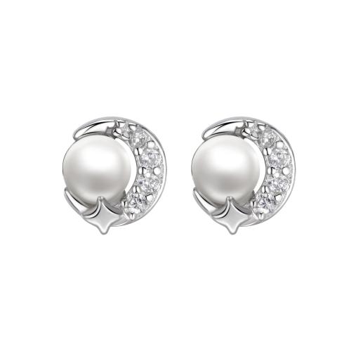 Cubic Zirconia Micro Pave Sterling Silver Earring, 925 Sterling Silver, with Plastic Pearl, micro pave cubic zirconia & for woman, platinum color, 5.30x5mm, Sold By Pair