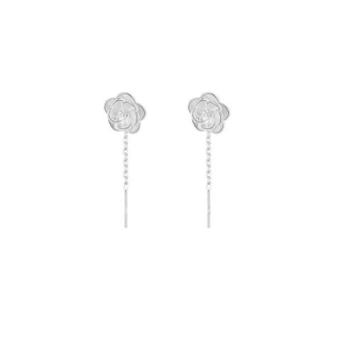 925 Sterling Silver Thread Through Earrings, petals, for woman, silver color, 25mm, Sold By Pair