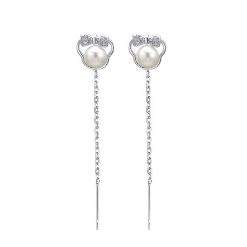 925 Sterling Silver Thread Through Earrings, with Freshwater Pearl, for woman, platinum color, 40mm, Sold By Pair