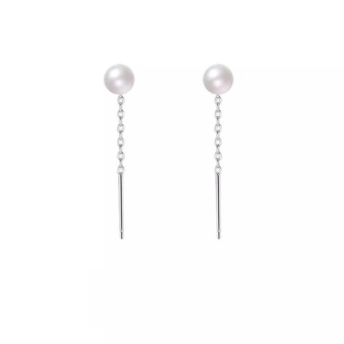 925 Sterling Silver Thread Through Earrings, with Freshwater Pearl, for woman, platinum color, 25x5.40mm, Sold By Pair