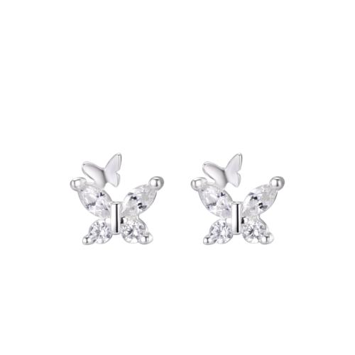 Pendientes de Micro Pavé de Zirconía Cúbica en Plata de Ley, plata de ley 925, Mariposa, micro arcilla de zirconia cúbica & para mujer, plateado, 6x6.20mm, Vendido por Par