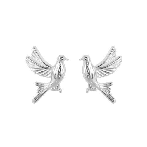 925 Sterling Silver Stud Earrings, Bird, for woman, silver color, 7.50x6mm, Sold By Pair