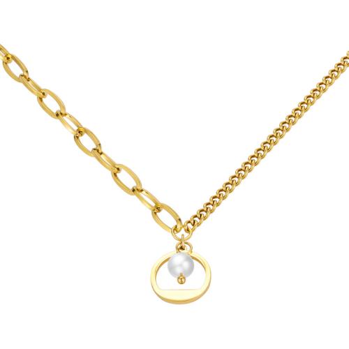 Stainless Steel Jewelry Necklace, 304 Stainless Steel, with Plastic Pearl, Vacuum Ion Plating, for woman, gold, Length:Approx 48.3 cm, Sold By PC