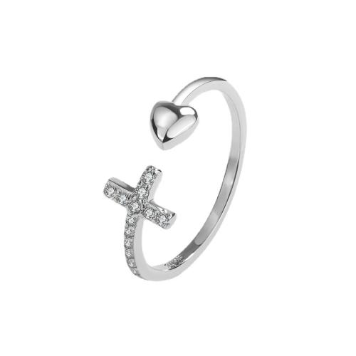 925 Sterling Silver Cuff Finger Ring, Heart, for woman & with rhinestone, US Ring Size:6-8, Sold By PC