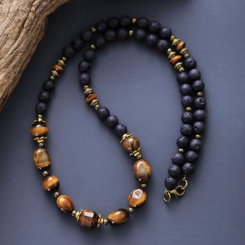 Tiger Eye Necklace, with Lava & Tibetan Style, folk style & Unisex, more colors for choice, Length:Approx 35.4 Inch, Sold By PC