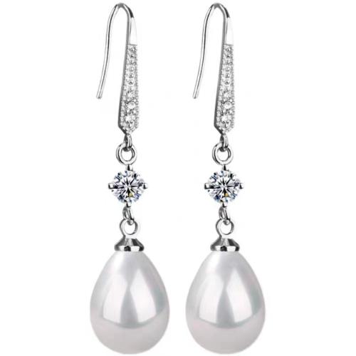 Boucles d'oreilles en laiton zircon cubique pavent, avec perle de plastique, bijoux de mode & pavé de micro zircon & pour femme, argent, 40x10mm, Vendu par paire