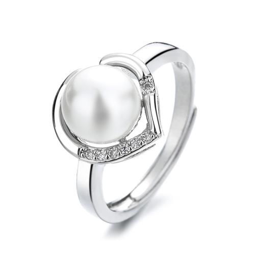 Brass Finger Ring, with Shell Pearl, fashion jewelry & for woman & with rhinestone, silver color, diameter 17mm, Sold By PC