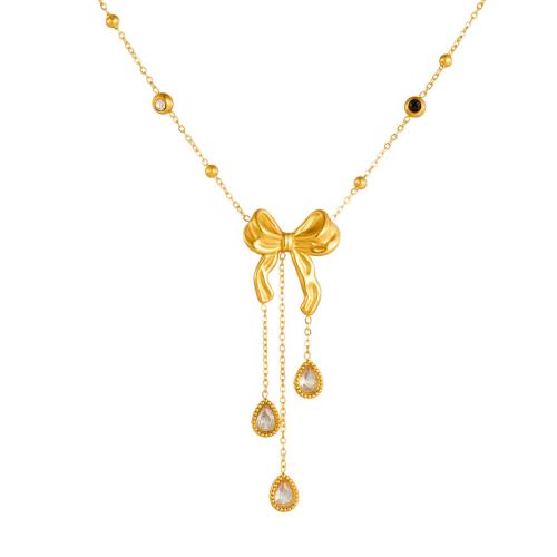 Stainless Steel Jewelry Necklace, 304 Stainless Steel, with 5.5cm extender chain, Bowknot, fashion jewelry & for woman & with rhinestone, golden, Sold Per Approx 41 cm Strand