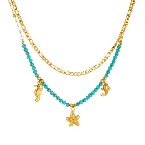 Collier de bijoux en acier inoxydable, Acier inoxydable 304, avec turquoise, avec 5.5cm chaînes de rallonge, Double couche & bijoux de mode & pour femme, doré, Vendu par Environ 40 cm brin