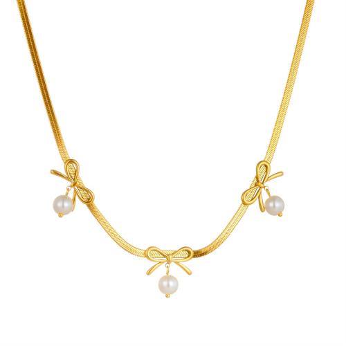 Stainless Steel Jewelry Necklace, 304 Stainless Steel, with Plastic Pearl, with 5.5cm extender chain, Bowknot, fashion jewelry & for woman, golden, Sold Per Approx 40 cm Strand