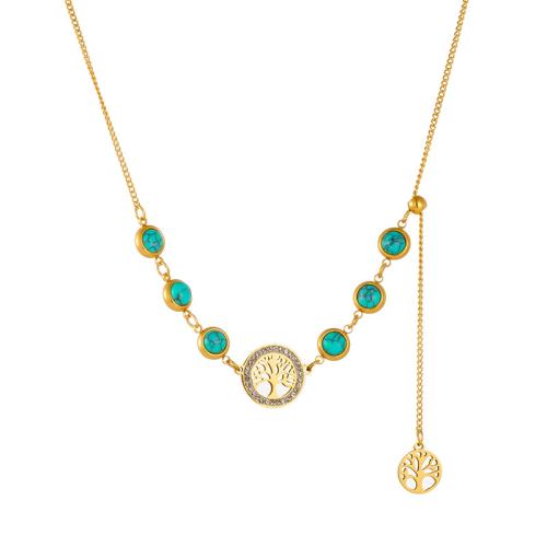 Stainless Steel Jewelry Necklace, 304 Stainless Steel, with turquoise, with 5.5cm extender chain, fashion jewelry & for woman & with rhinestone, golden, Sold Per Approx 42 cm Strand