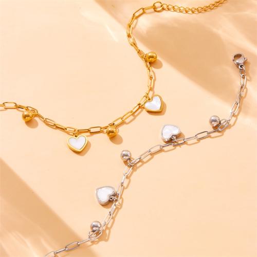 Stainless Steel Jewelry Bracelet, 304 Stainless Steel, with White Shell, with 6cm extender chain, Heart, fashion jewelry & for woman, golden, Sold Per Approx 16.5 cm Strand