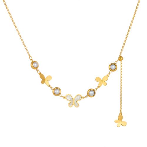 Stainless Steel Jewelry Necklace, 304 Stainless Steel, with White Shell & Plastic Pearl, with 6cm extender chain, Butterfly, fashion jewelry & for woman, golden, Sold Per Approx 42.5 cm Strand