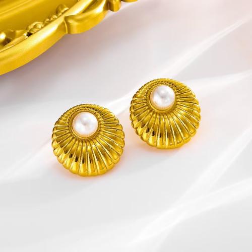 Stainless Steel Stud Earrings, 304 Stainless Steel, with Plastic Pearl, fashion jewelry & for woman, golden, 22x22mm, Sold By Pair