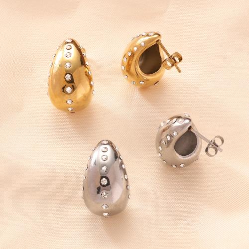 Stainless Steel Stud Earrings, 316 Stainless Steel, fashion jewelry & for woman & with rhinestone, more colors for choice, 11x22mm, Sold By Pair