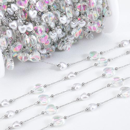 Stainless Steel Ball Chain, 304 Stainless Steel, with ABS Plastic Pearl & Crystal, Heart, Vacuum Ion Plating, DIY, more colors for choice, 1m/Bag, Sold By Bag