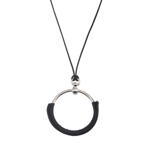 Tibetan Style Sweater Chain Necklace, with leather cord, plated, fashion jewelry & for woman & hollow, black, Pendant: Diameter 5.2cm., Length:115 cm, Sold By PC