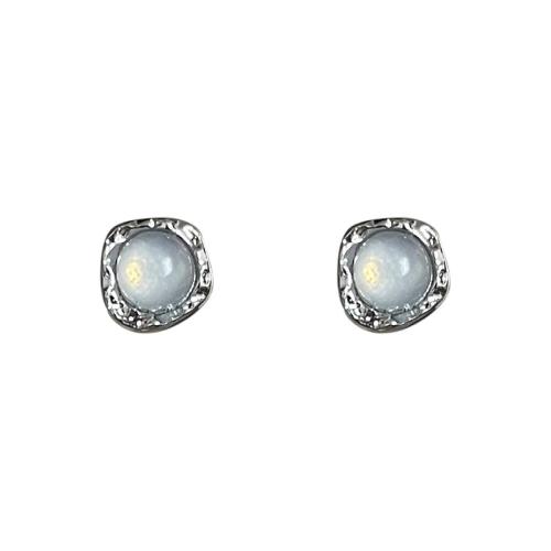 Tibetan Style Stud Earring, with Cats Eye, plated, for woman, silver color, 6mm, Sold By Pair