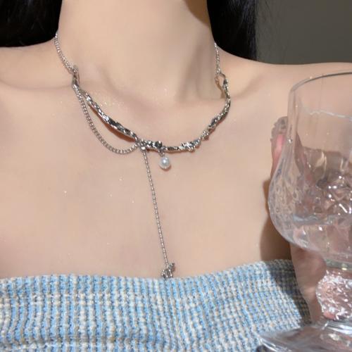 Tibetan Style Jewelry Necklace, with Plastic Pearl, with 6CM extender chain, plated, for woman & with rhinestone, silver color, Length:Approx 41 cm, Sold By PC