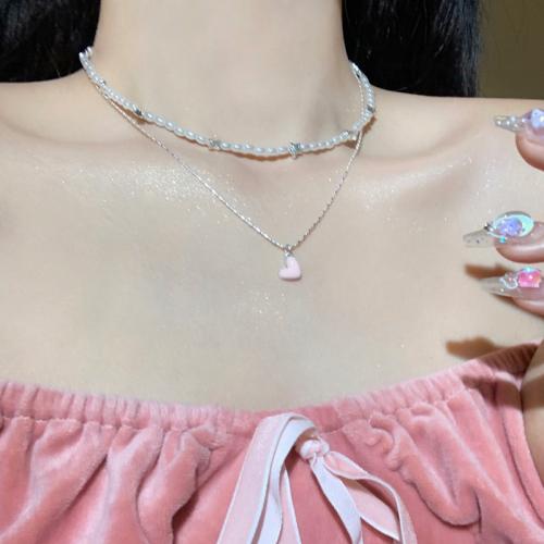 Tibetan Style Jewelry Necklace, Heart, plated, for woman & enamel, silver color, The plain chain length is about 41cm and the extended chain is 6cm, and the pearl chain length is about 37cm and the extended chain is 6cm, Sold By PC