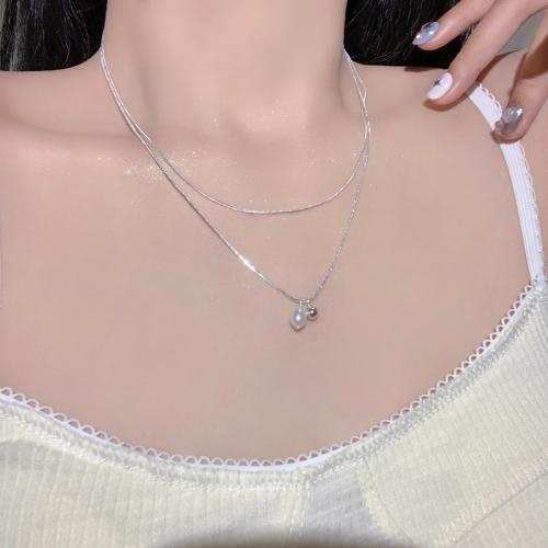 Brass Necklace, with Plastic Pearl, with 6CM extender chain, plated, for woman, silver color, Length:Approx 45 cm, Sold By PC