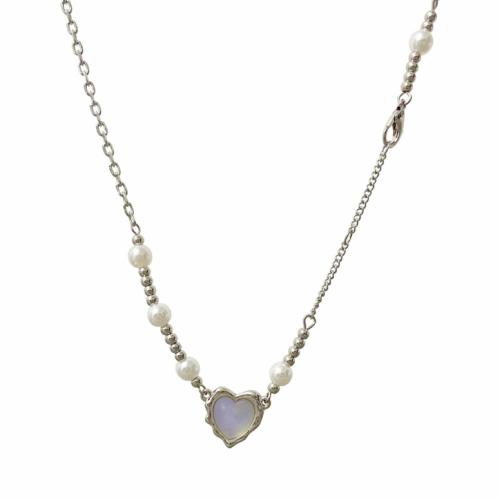 Tibetan Style Jewelry Necklace, with Resin & Plastic Pearl & Brass, with 6CM extender chain, Heart, plated, for woman, silver color, Length:Approx 45 cm, Sold By PC