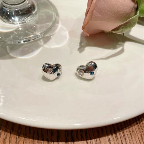 Tibetan Style Stud Earring, Heart, plated, different styles for choice & for woman & with rhinestone, silver color, 12mm, Sold By Pair