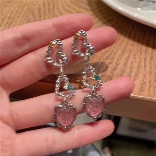 Tibetan Style Stud Earring, with Acrylic, Heart, plated, for woman & with rhinestone, silver color, 50mm, Sold By Pair