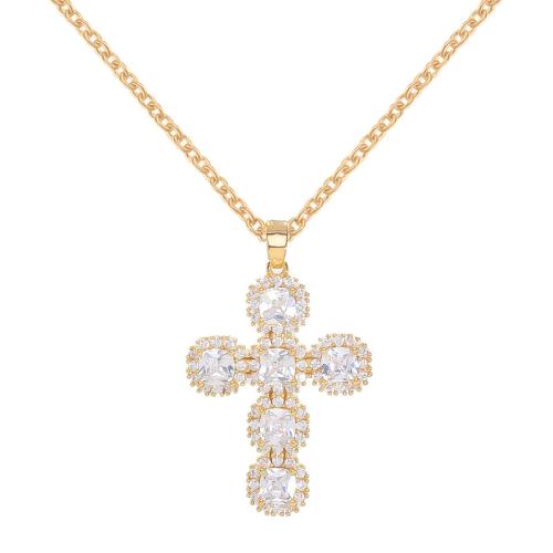 Brass Necklace, with Titanium Steel, plated, micro pave cubic zirconia & for woman, golden, Length:Approx 41-50 cm, Sold By PC