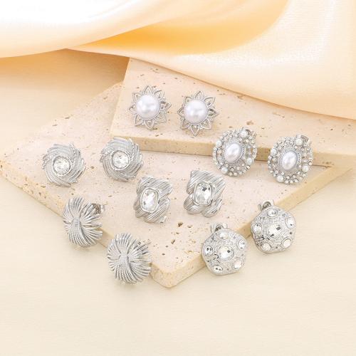 Stainless Steel Stud Earrings, 304 Stainless Steel, with Plastic Pearl, Vacuum Ion Plating, different styles for choice & for woman & with rhinestone, more colors for choice, Sold By Pair