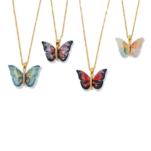 Titanium Steel Necklace, with Copper & Resin, with 2inch extender chain, Butterfly, gold color plated, oval chain & micro pave cubic zirconia & for woman, more colors for choice, Length:Approx 15.7 Inch, Sold By PC