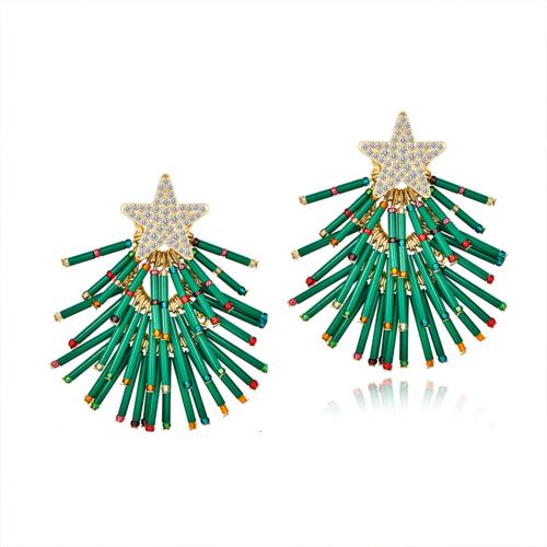 Christmas Earrings, Brass, with Glass Beads & Seedbead, Christmas Design & fashion jewelry & for woman & with rhinestone, green, 61x50.70mm, Sold By Pair