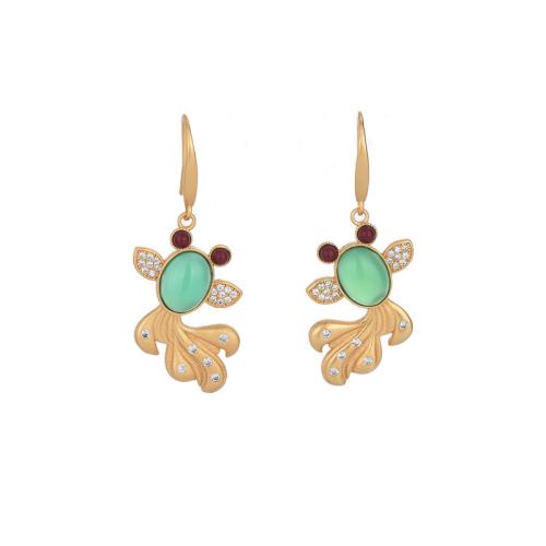 Brass Drop Earring, with Jade, Fish, fashion jewelry & for woman & with rhinestone, 40mm, Sold By Pair