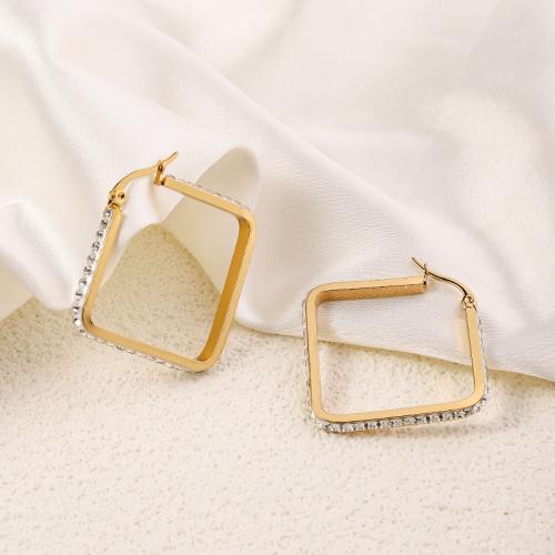 Stainless Steel Lever Back Earring, 304 Stainless Steel, 18K gold plated, fashion jewelry & for woman & with rhinestone, golden, 40x40mm, Sold By Pair