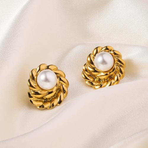 Stainless Steel Stud Earrings, 304 Stainless Steel, with Shell Pearl, 18K gold plated, fashion jewelry & for woman, golden, 21x23mm, Sold By Pair