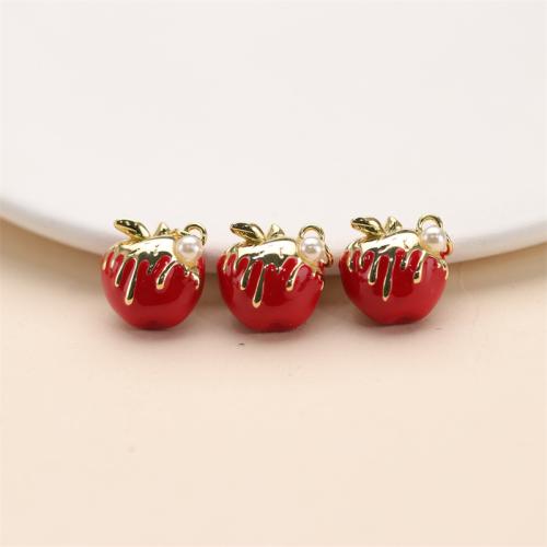 Brass Jewelry Pendants, with Plastic Pearl, Apple, gold color plated, DIY & enamel, red, nickel, lead & cadmium free, 18x16mm, Sold By PC