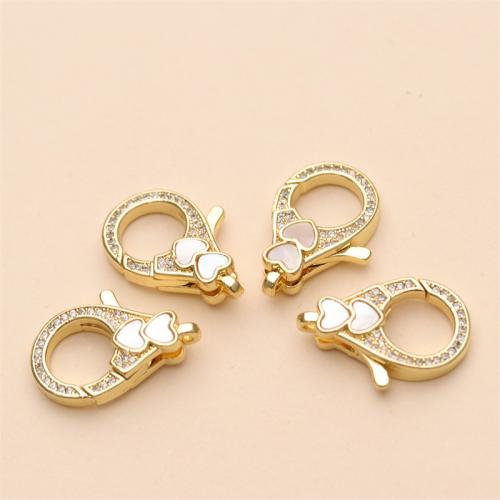 Brass Lobster Clasp, with Pearl Oyster, Heart, gold color plated, DIY & micro pave cubic zirconia, nickel, lead & cadmium free, 22x15.50mm, Sold By PC