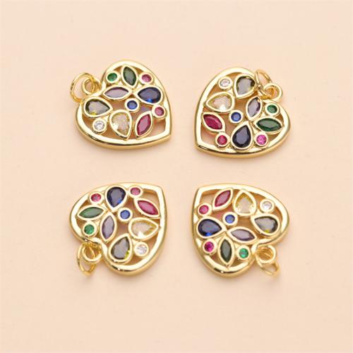 Cubique Pendentif en laiton zircon pavent, coeur, Placage de couleur d'or, DIY & pavé de micro zircon, multicolore, protéger l'environnement, sans nickel, plomb et cadmium, 16mm, Vendu par PC