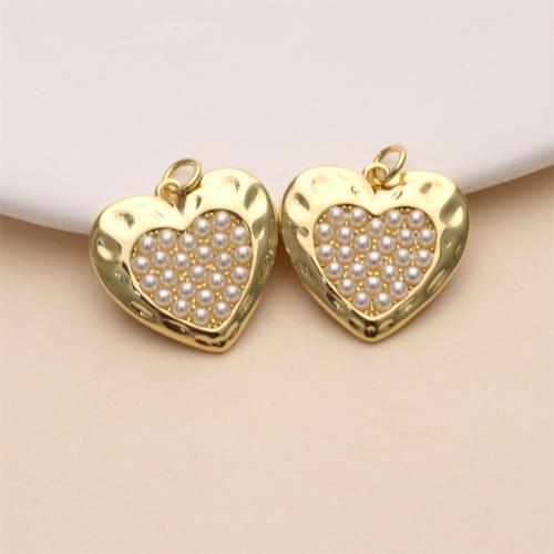 Brass Jewelry Pendants, with Plastic Pearl, Heart, gold color plated, DIY, nickel, lead & cadmium free, 20mm, Sold By PC