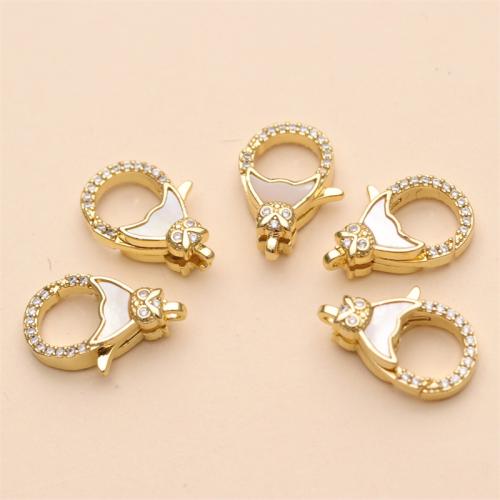 Brass Lobster Clasp, with Pearl Oyster, gold color plated, DIY & micro pave cubic zirconia, nickel, lead & cadmium free, 20.50x14.50mm, Sold By PC