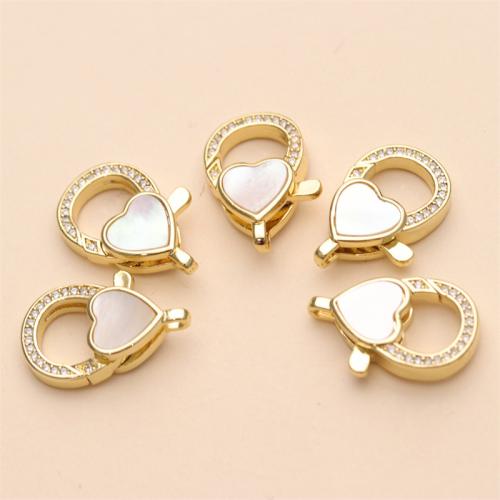 Brass Lobster Clasp, with Pearl Oyster, Heart, gold color plated, DIY & micro pave cubic zirconia, nickel, lead & cadmium free, 22x14mm, Sold By PC