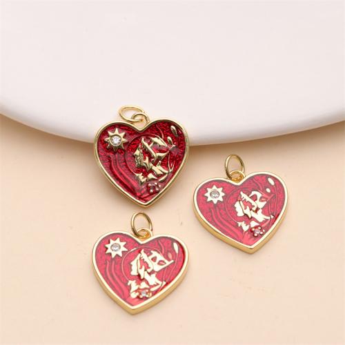 Cubic Zirconia Micro Pave Brass Pendant, Heart, gold color plated, DIY & micro pave cubic zirconia & enamel, red, nickel, lead & cadmium free, 17mm, Sold By PC