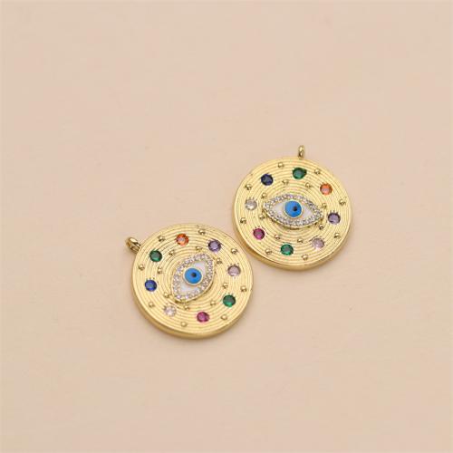 Pendentifs mauvais oeil, laiton, Rond, Placage de couleur d'or, DIY & motif de mauvais œil & pavé de micro zircon, multicolore, protéger l'environnement, sans nickel, plomb et cadmium, 22x20mm, Vendu par PC