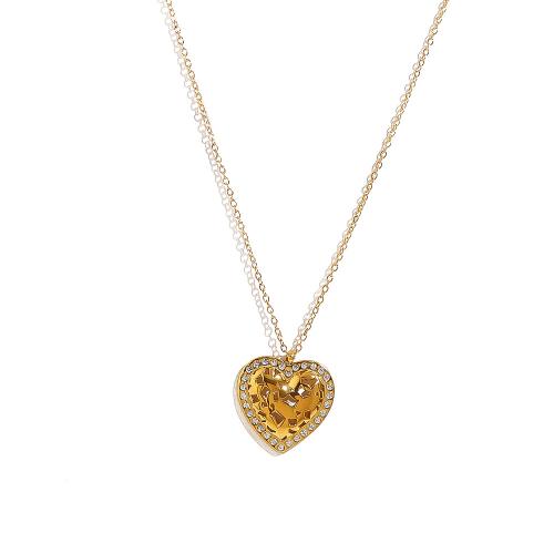 Stainless Steel Jewelry Necklace, 304 Stainless Steel, with 5cm extender chain, Heart, gold color plated, fashion jewelry & with rhinestone, golden, Length:40 cm, Sold By PC