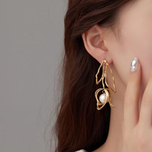 Brass Drop Earring, with ABS Plastic Pearl, gold color plated, fashion jewelry, golden, nickel, lead & cadmium free, 24x59mm, Sold By Pair