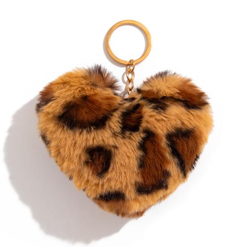 Fur Ball Pom Pom Keychain, Plush, with Iron, Heart, fashion jewelry, brown, nickel, lead & cadmium free, 110x140mm, Sold By PC