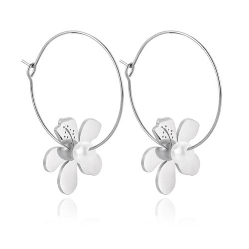 Stainless Steel Lever Back Earring, 304 Stainless Steel, with Plastic Pearl, petals, Vacuum Ion Plating, for woman, platinum color, 33.50x40.50mm, Sold By Pair