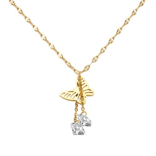 Stainless Steel Jewelry Necklace, 304 Stainless Steel, Butterfly, Vacuum Ion Plating, micro pave cubic zirconia & for woman, gold, Length:Approx 46.8 cm, Sold By PC