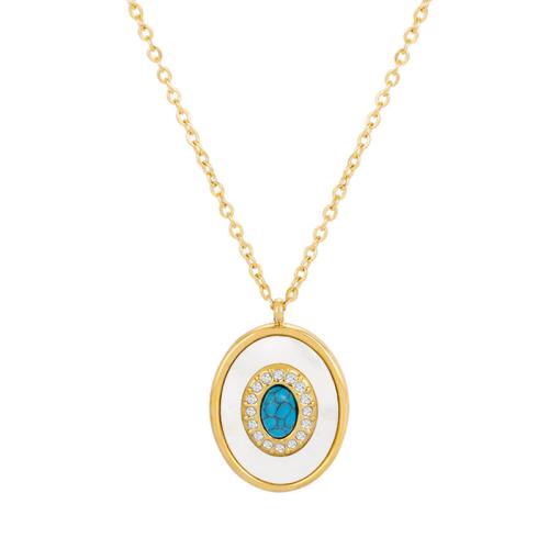 Stainless Steel Jewelry Necklace, 304 Stainless Steel, with Turquoise & White Shell, Vacuum Ion Plating, micro pave cubic zirconia & for woman, gold, Length:Approx 47 cm, Sold By PC